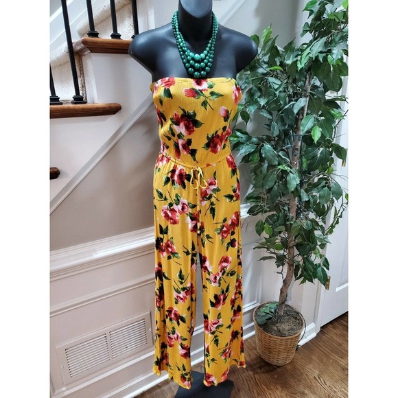 Ambiance Women's Yellow Floral 100% Rayon Off the Shoulder Jumpsuits Size Small - Picture 9 of 9